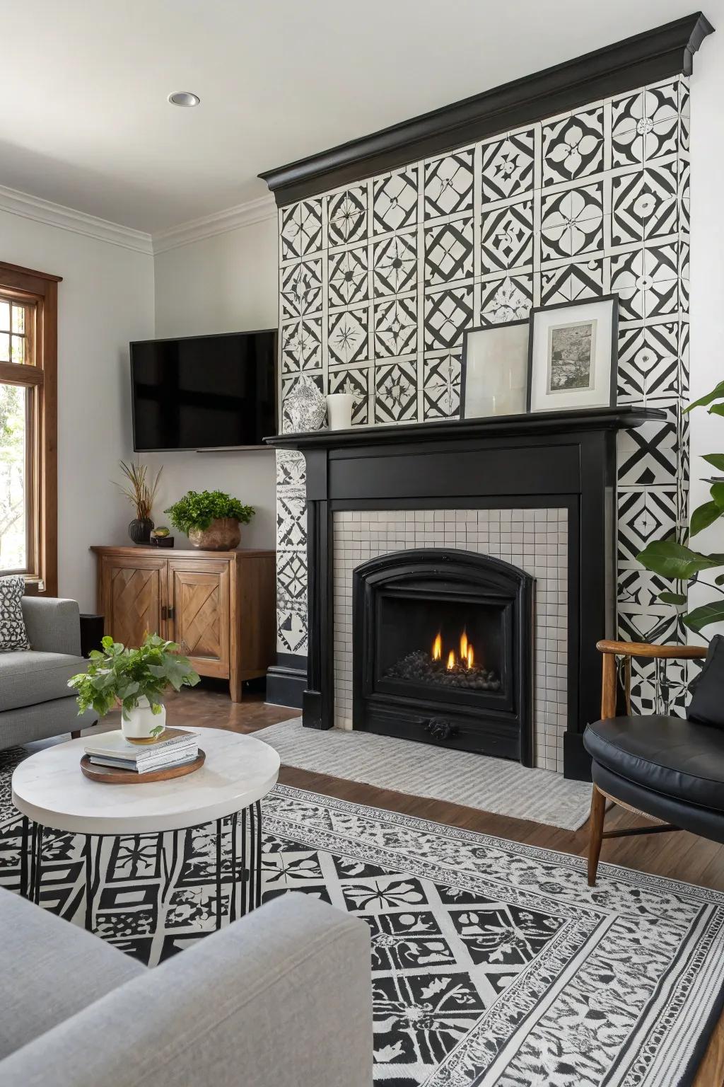 Make a bold statement using dark and ivory patterns around your hearth.