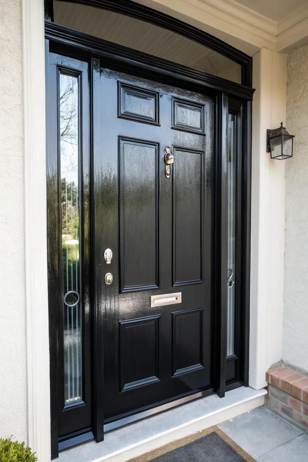 A satin sheen finish imparting a dark-toned door a luxurious accent.