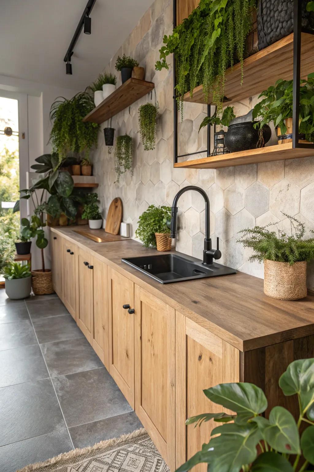 Sustainable design is displayed in this environmentally conscious kitchen featuring a dark tap.