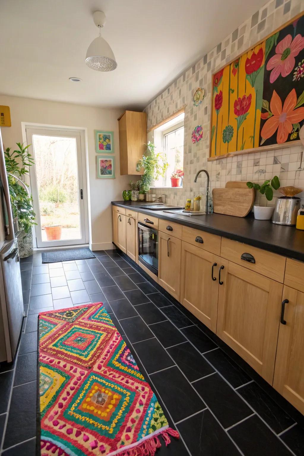 A kitchen where vibrant touches enliven the ink floor tiles.