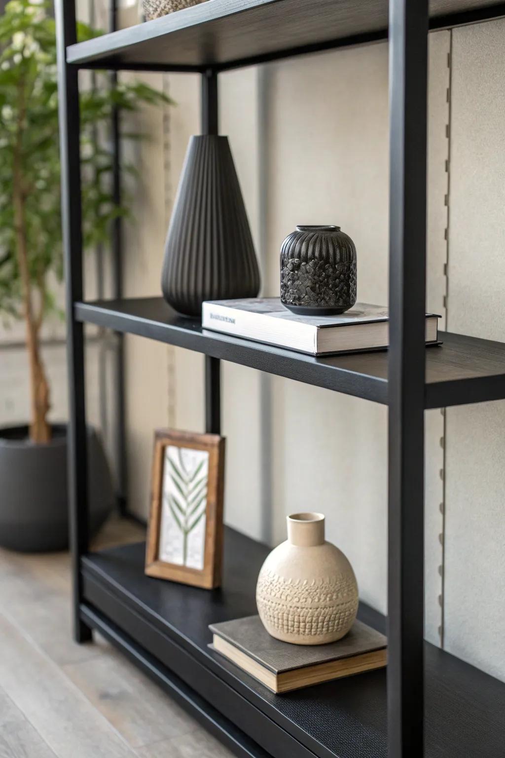 Strategic use of empty space on a dark shelf emphasizing simplicity.