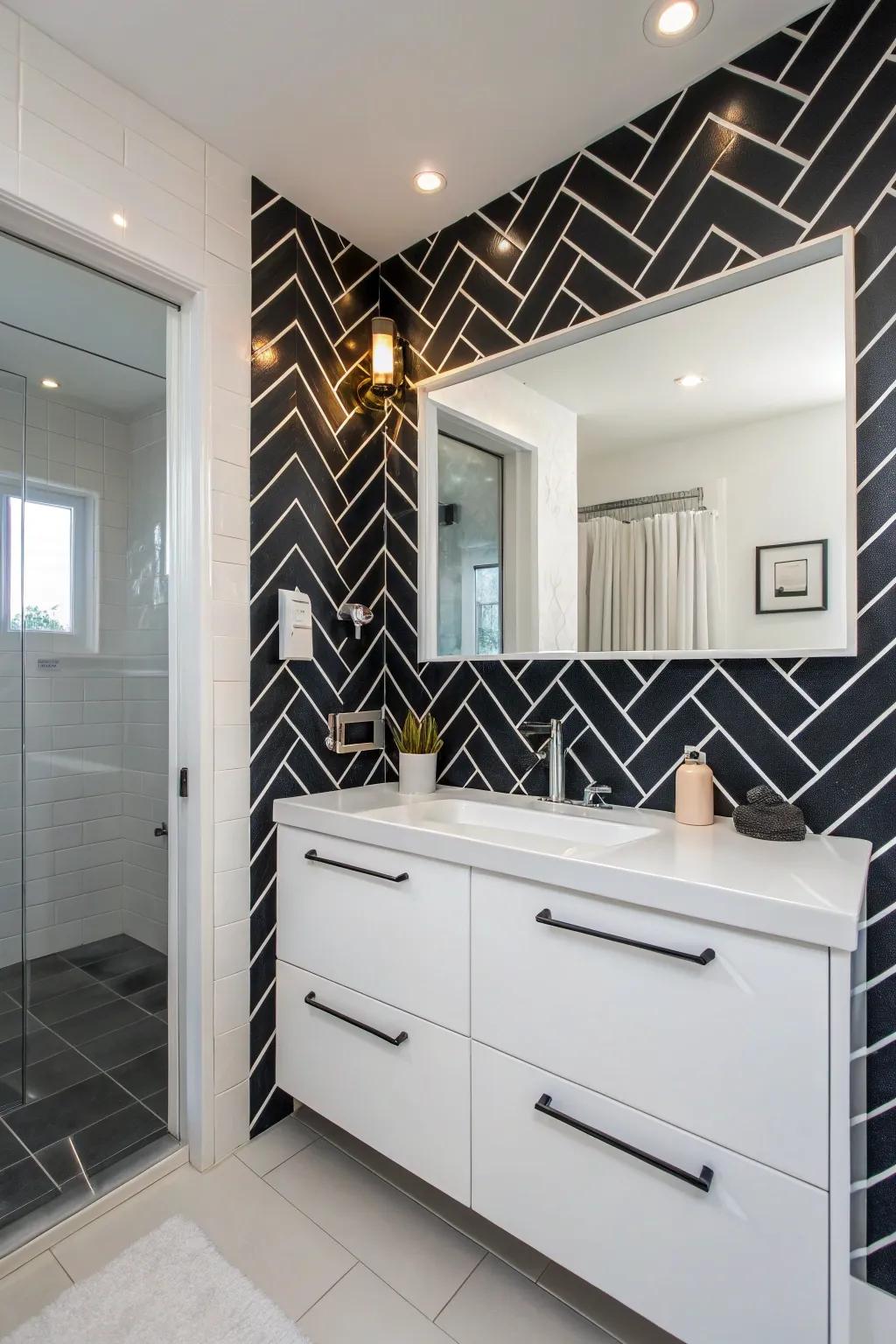 Chevron tiles in black create a striking and modern accent wall.