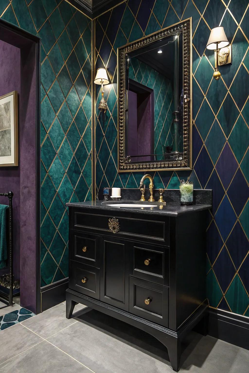 Bold jewel-toned walls create a dramatic and elegant backdrop for a dark sink cabinet.