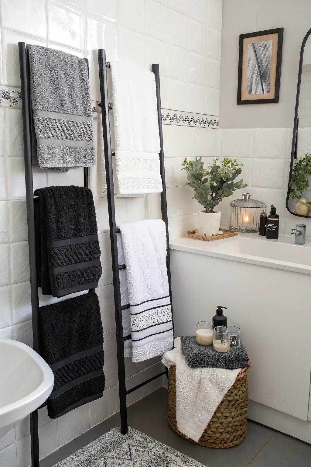 Simple accessories tie together the monochrome palette of this bathroom.