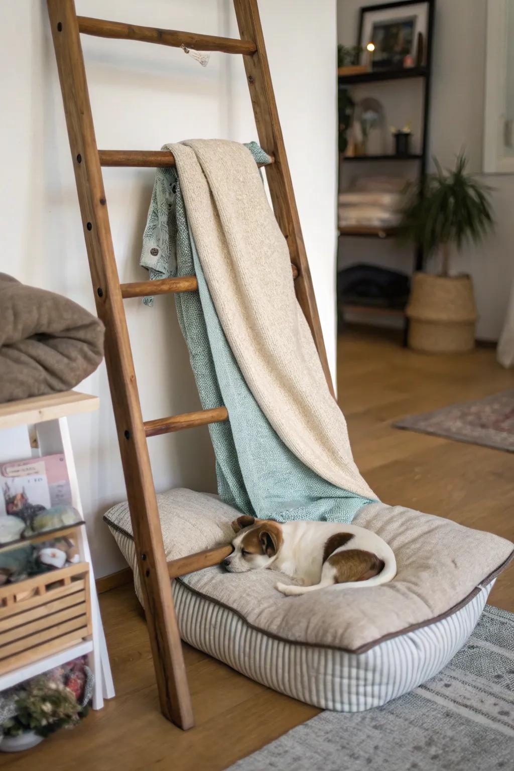 A pet perch on a blanket ladder provides a cozy spot for your furry friend.