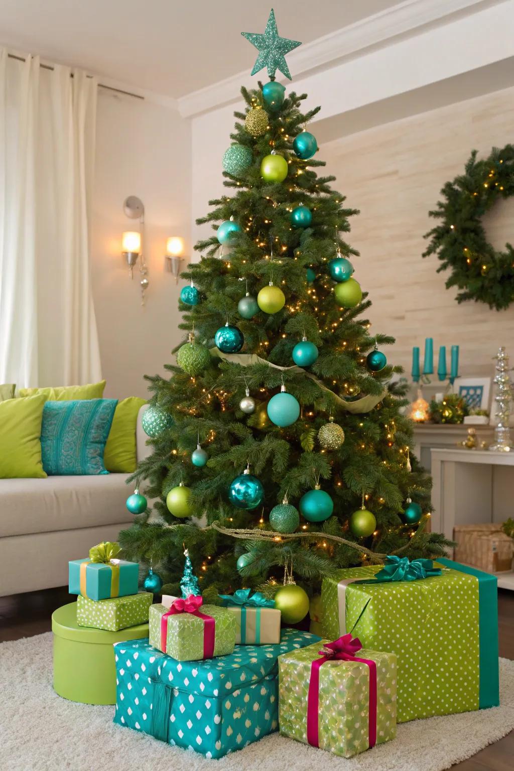 A teal and Granny Smith tree infuses festive whimsy into your abode.