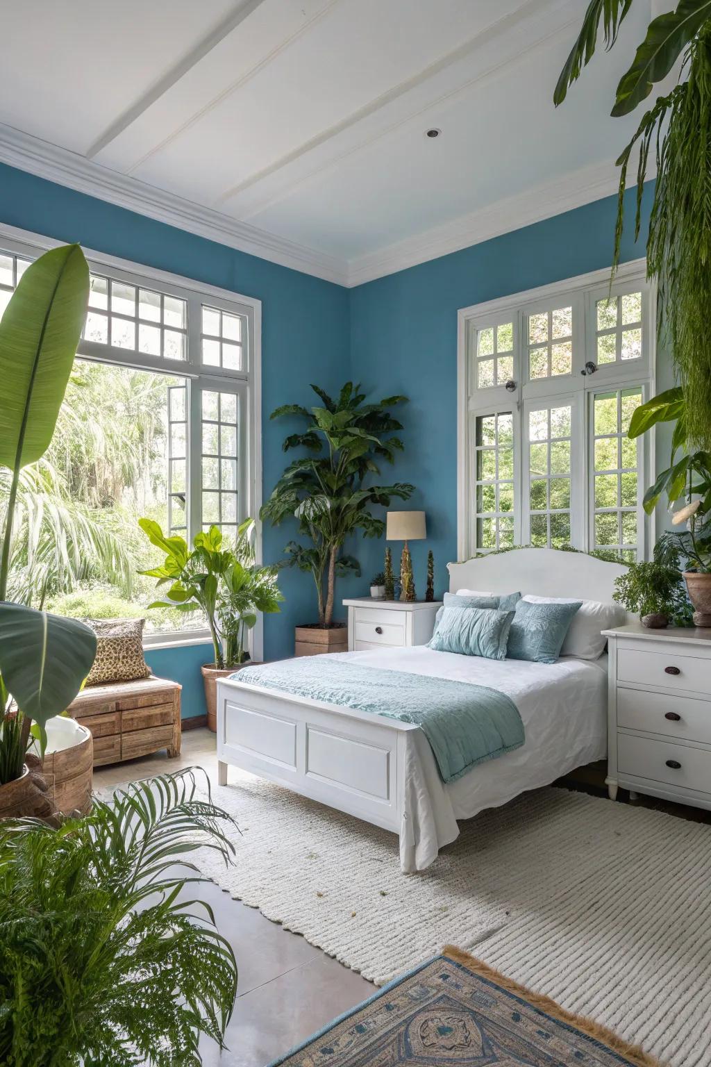 Natural features add life and contrast to a blue and white bedroom.