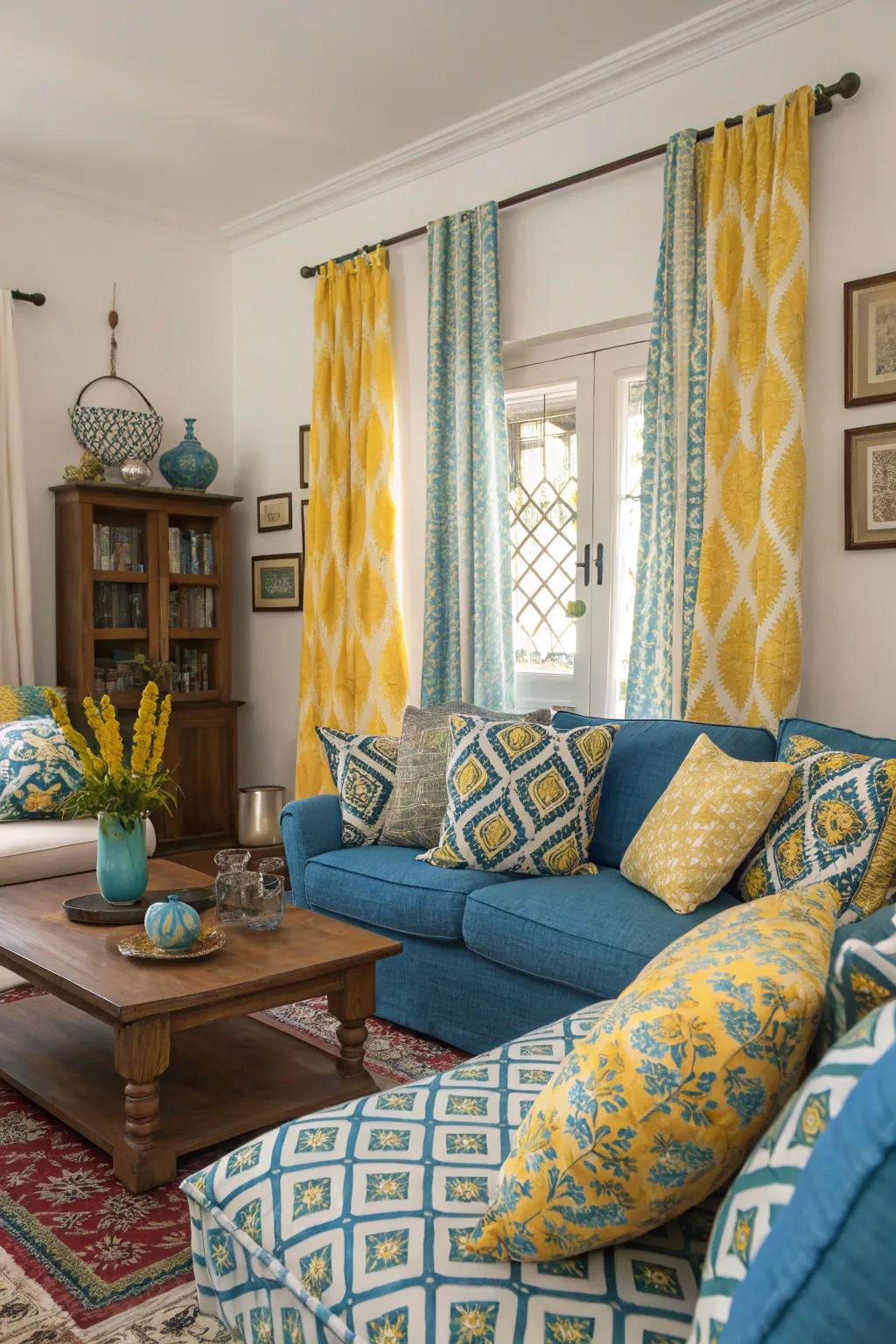 A mix of blue and yellow patterned textiles adding vibrancy to the space.