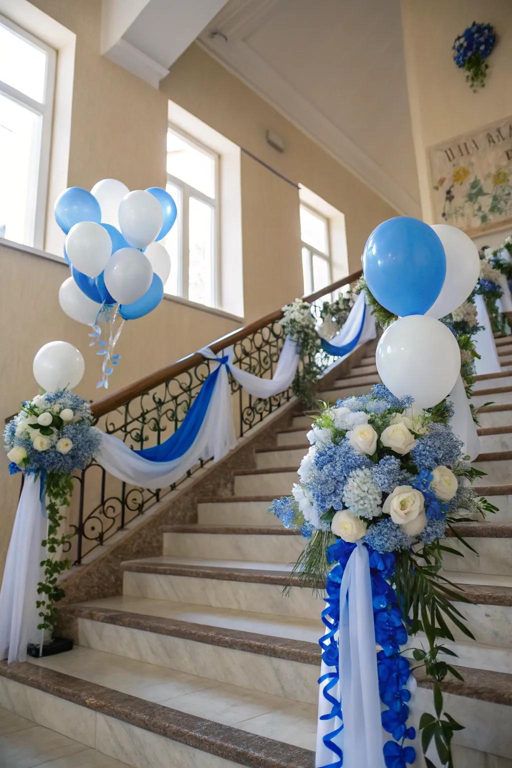 Azure and ivory embellishments transmute your stairwell into a grandiose entrance.