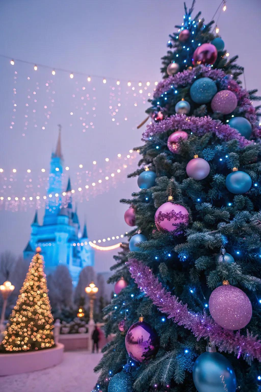 A playful and magical azure and rose Christmas tree.