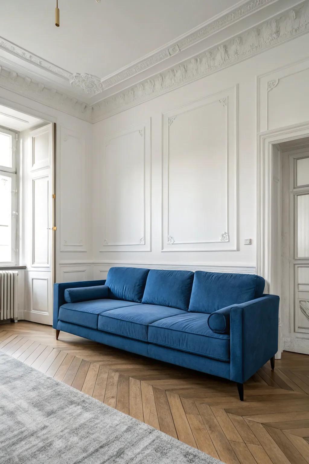 A simple setup highlights the blue sofa as the central element.