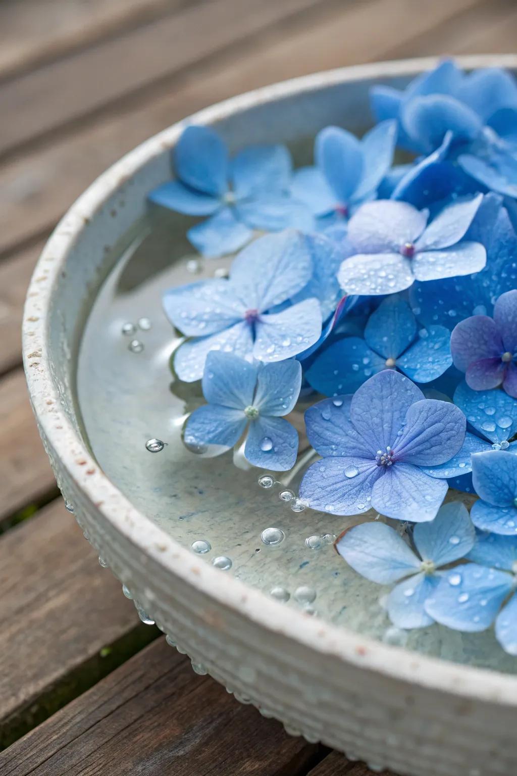 Floating hydrangea blooms create a serene and unique centerpiece.