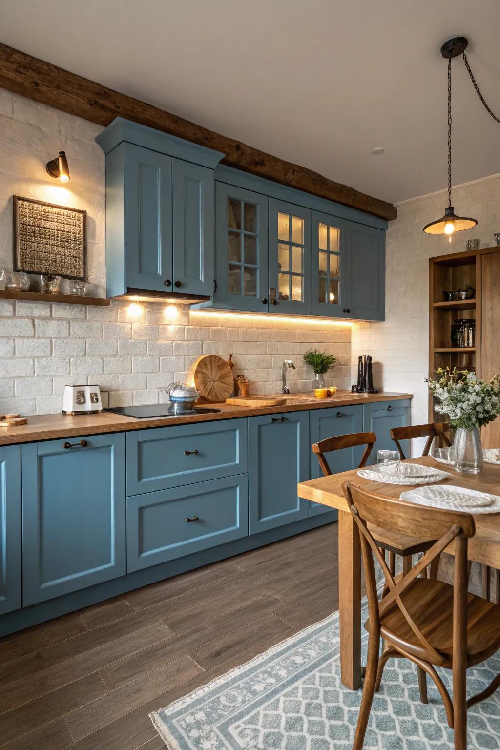 Blue cabinets matched with warm timber tones create a harmonious and welcoming kitchen.