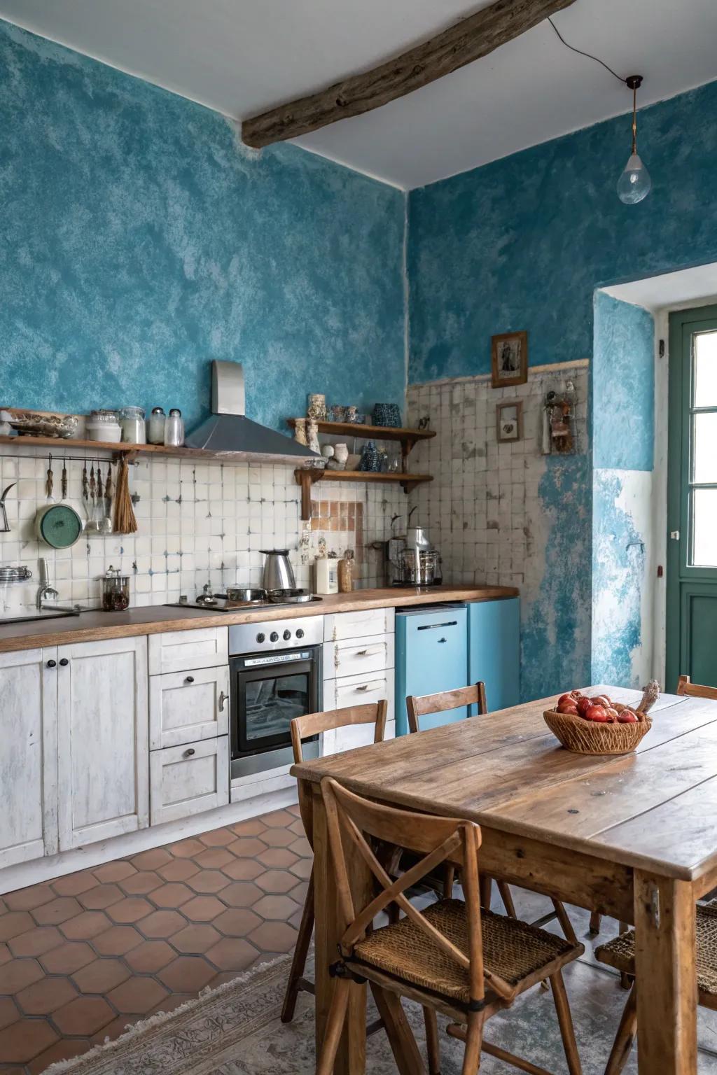 Textured azure walls contribute dimension to this kitchen.