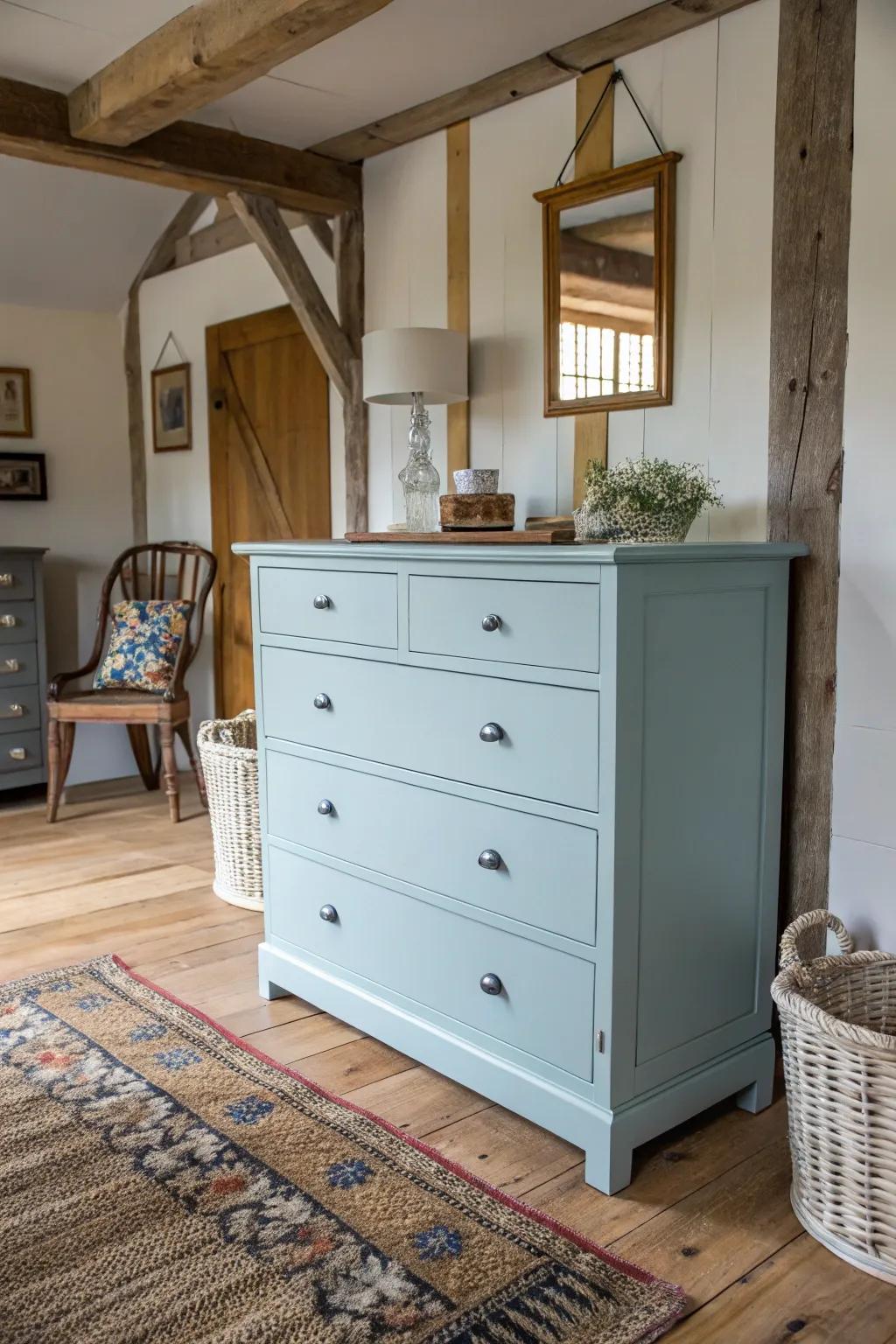 A chalky blue dresser adding softness to a modern farmhouse room.