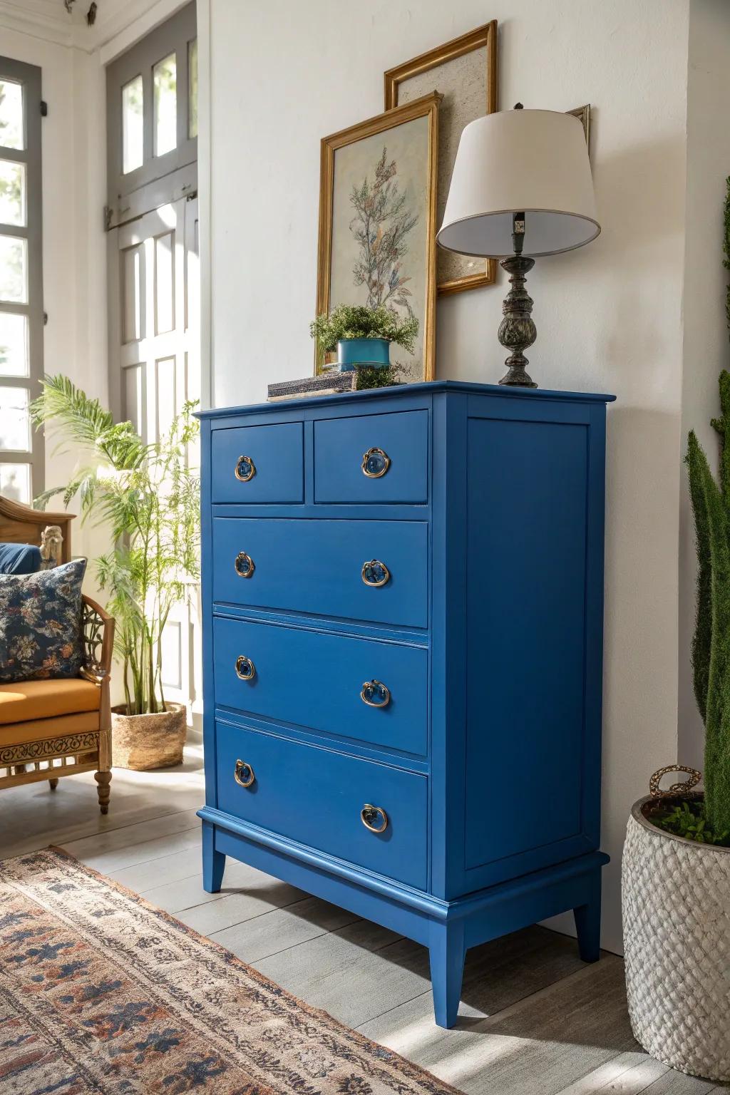 Intense azure-painted furniture stands out as a statement piece in your room.