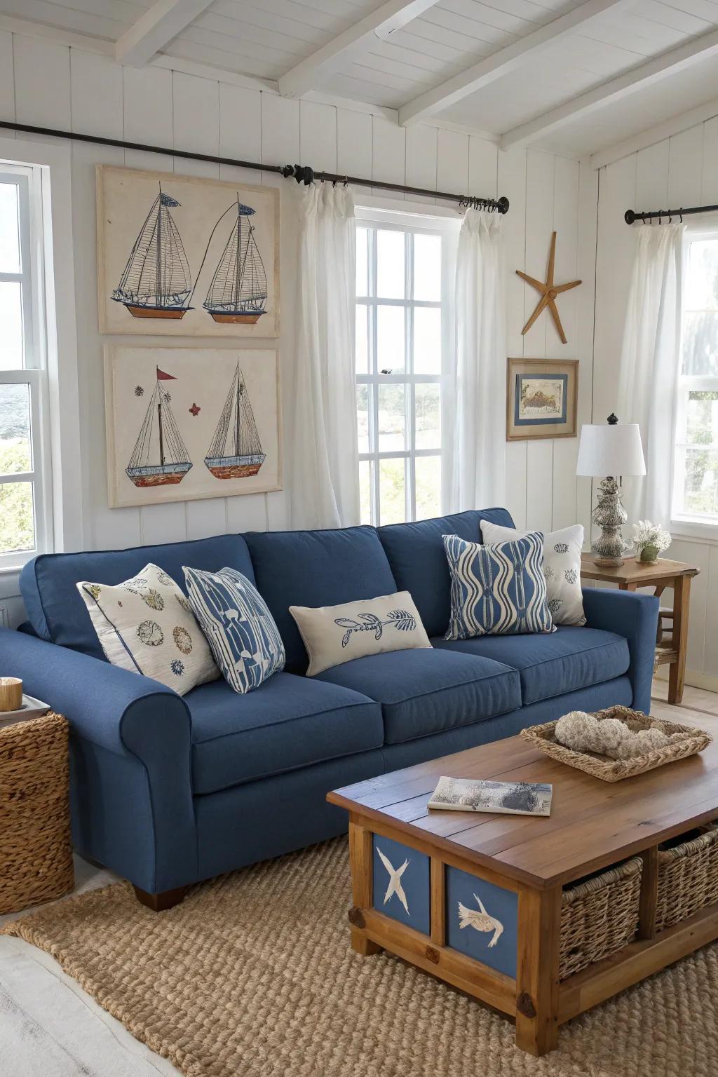 A cerulean couch completes a shoreline-themed living room.