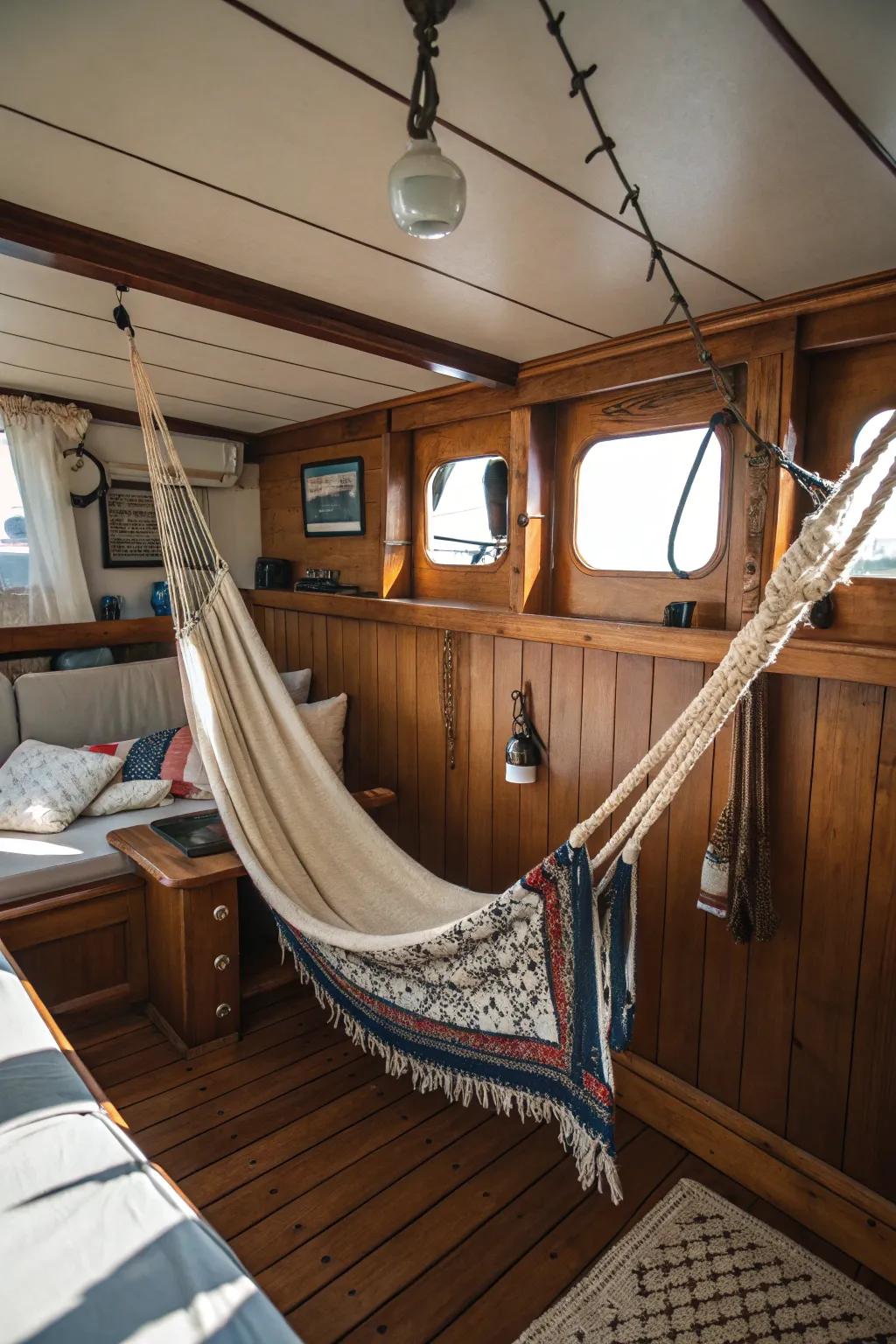 Nautical hammock in a boat cabin.