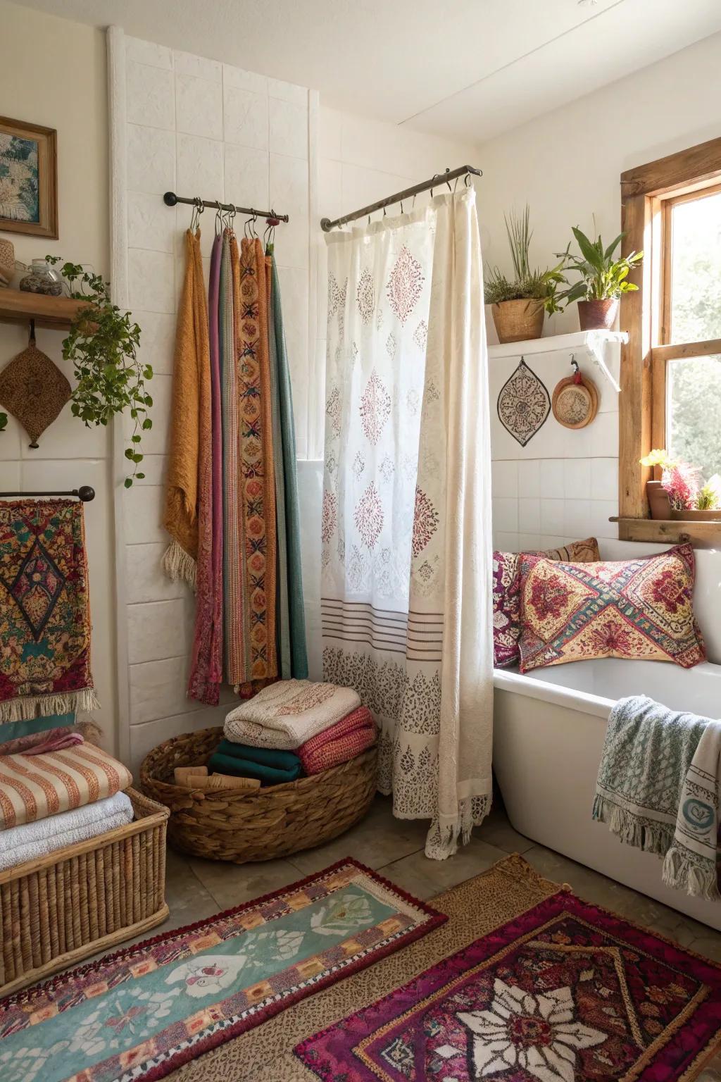 A boho bathroom with a mix of vibrant textiles and patterns.