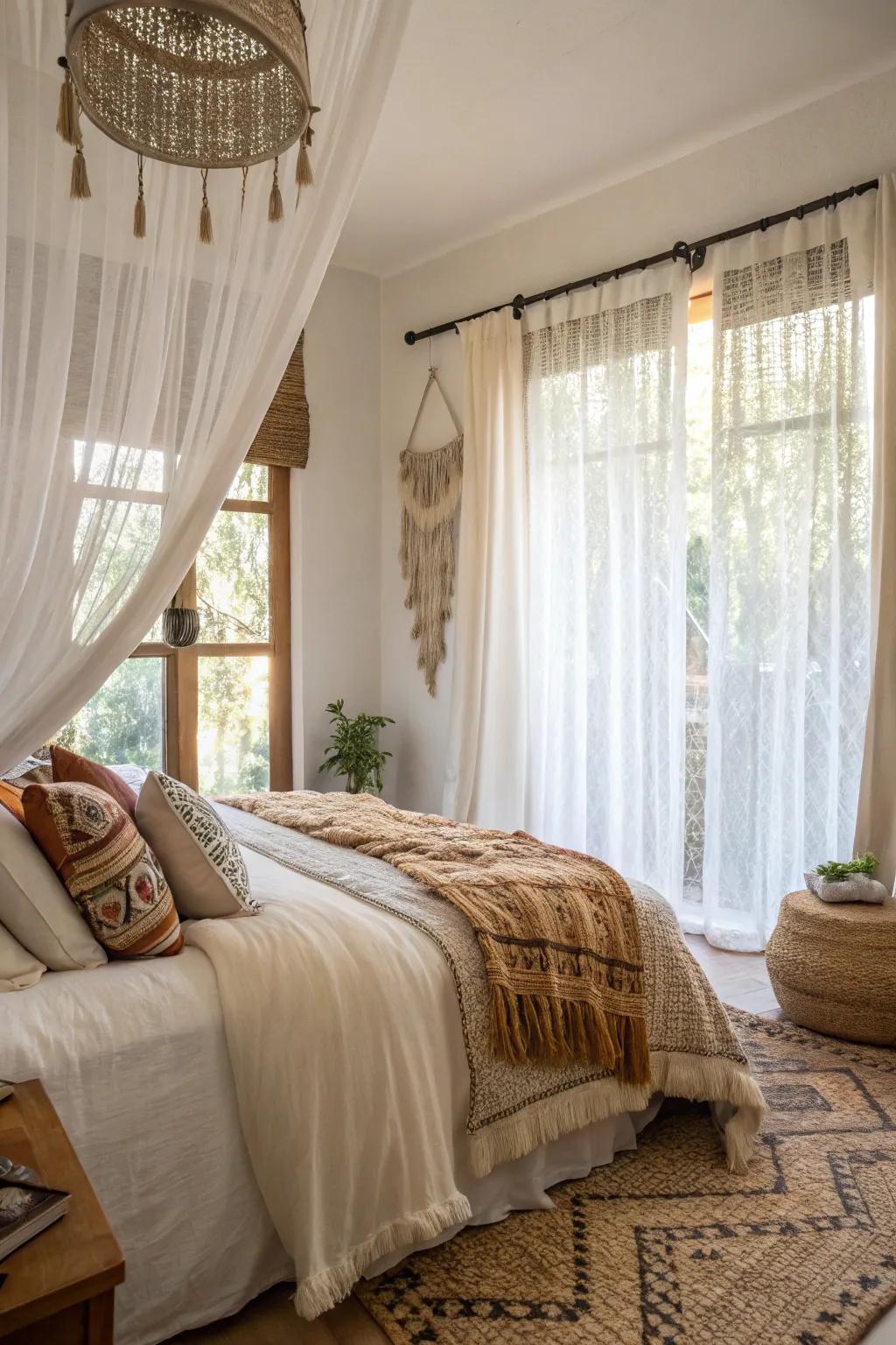 Layered window coverings add style and function to this boho bedroom.