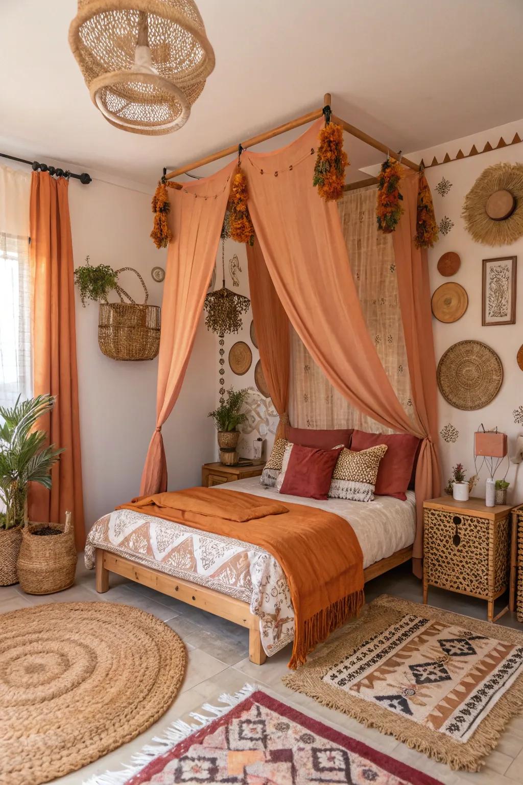 Bohemian canopy creating a whimsical touch.