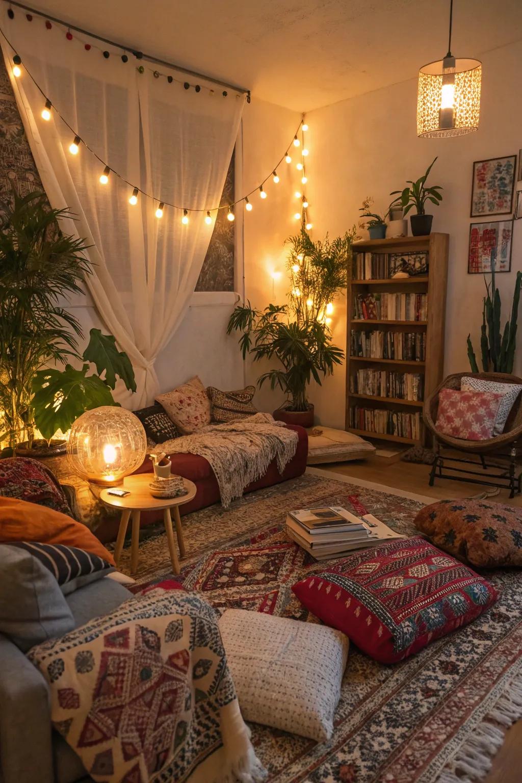 A cozy bohemian ambiance with gentle lighting.