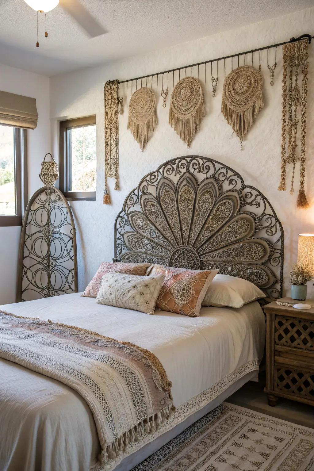 Metallics bring a touch of boho-inspired glamour to this fashionable bedroom.