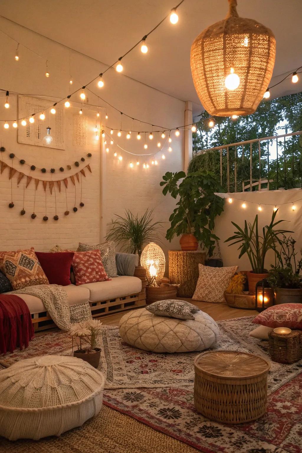 Warm illumination sets the mood in a bohemian living area.