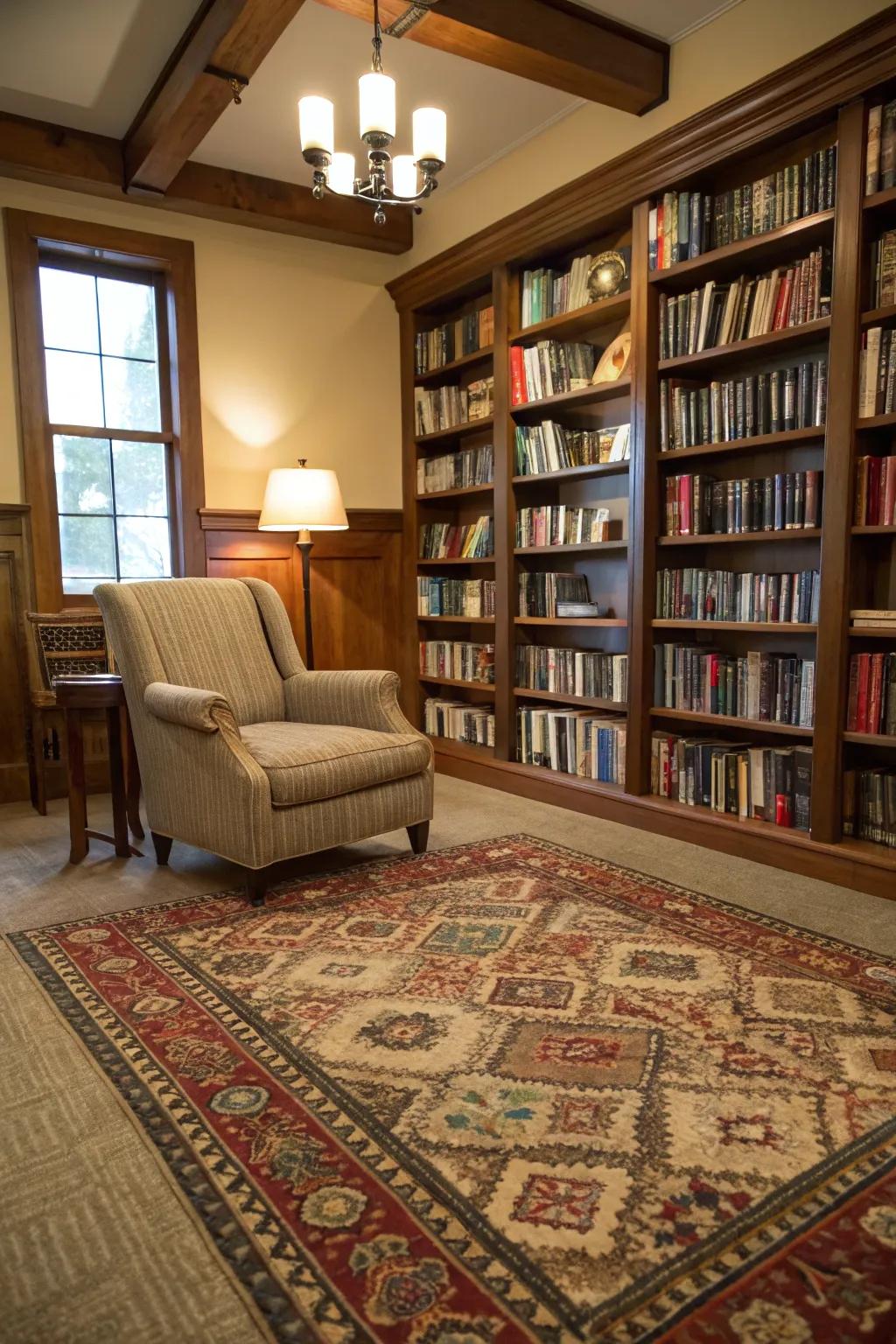 A plush rug that adds comfort and style to the book room.