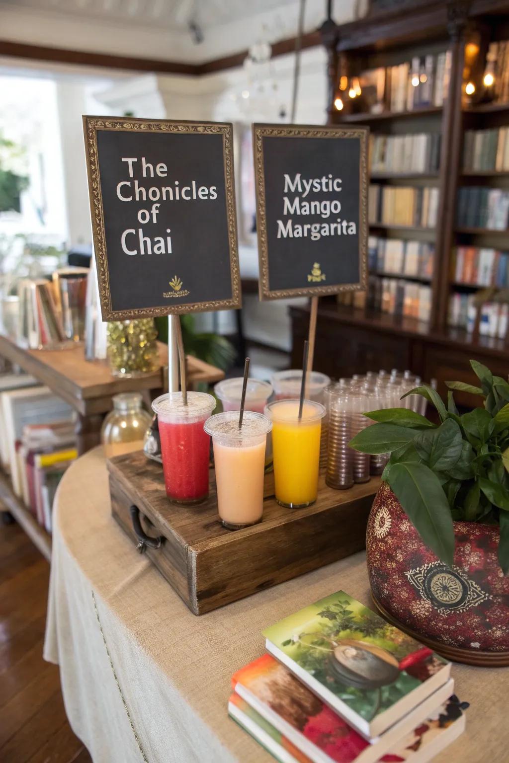 A drink station with beverages inspired by literature.