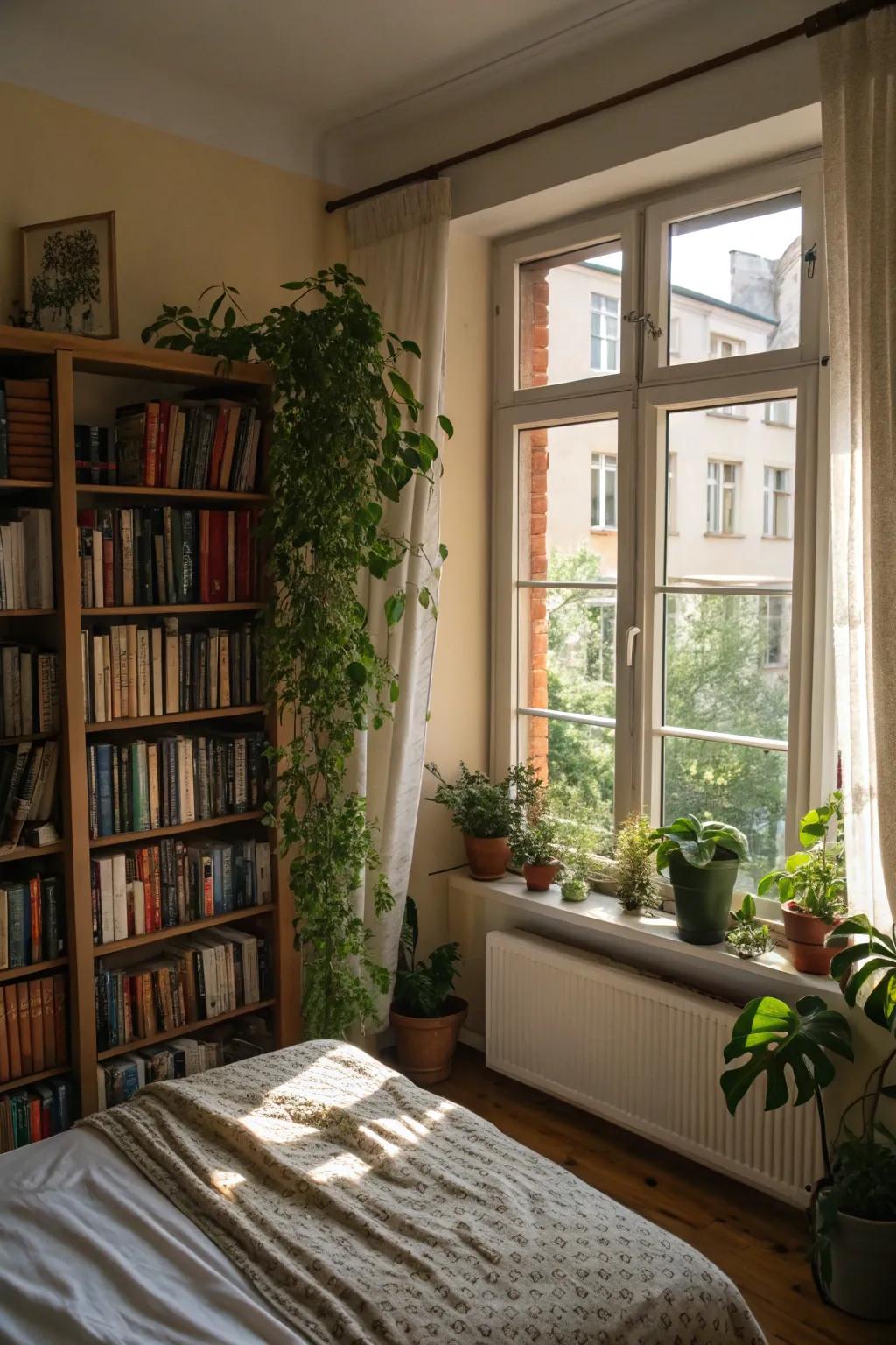 A picturesque bookcase design that frames the window beautifully.
