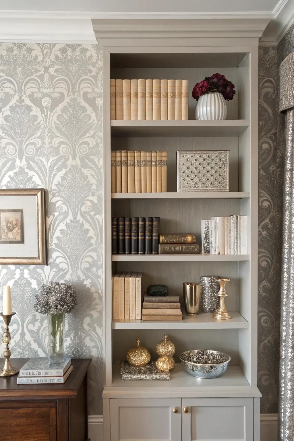 Bookshelf with silver damask wallpaper for an elegant, timeless look.