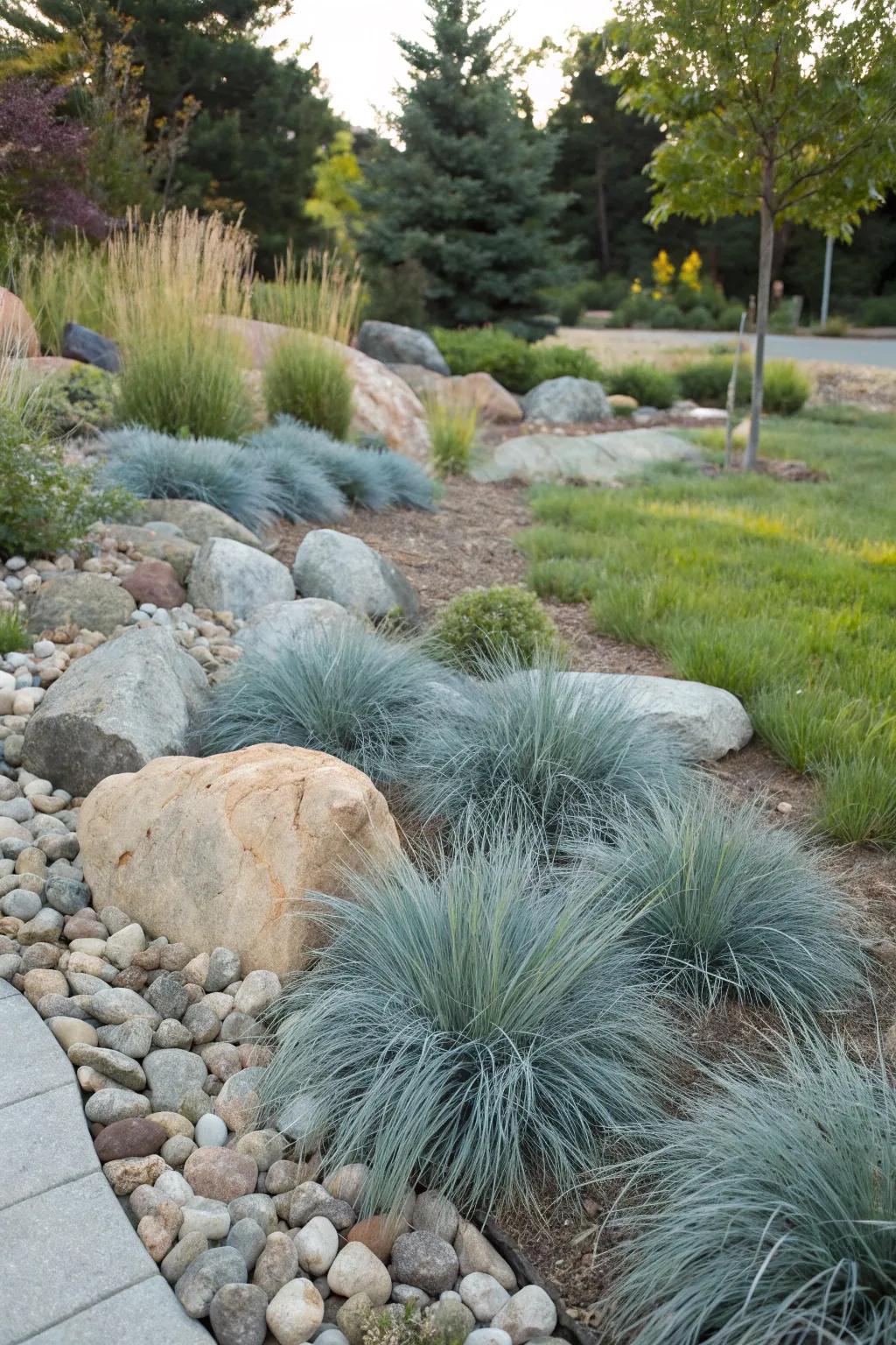 Azure Turf softens the edges of a rock space well.