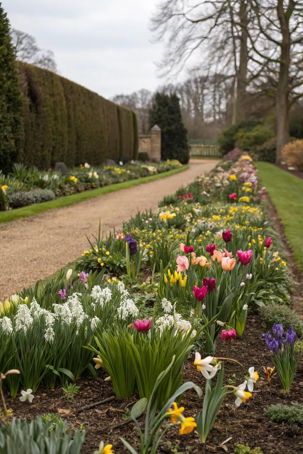 A vibrant vernal bulb border in full bloom.
