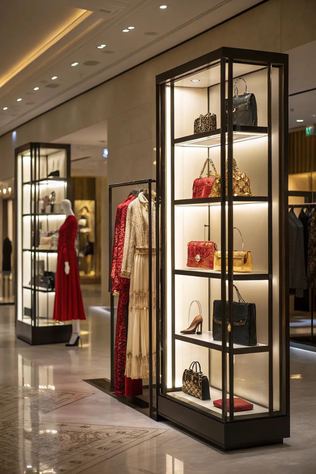 A boutique interior with backlit displays, highlighting product details and adding dramatic flair.