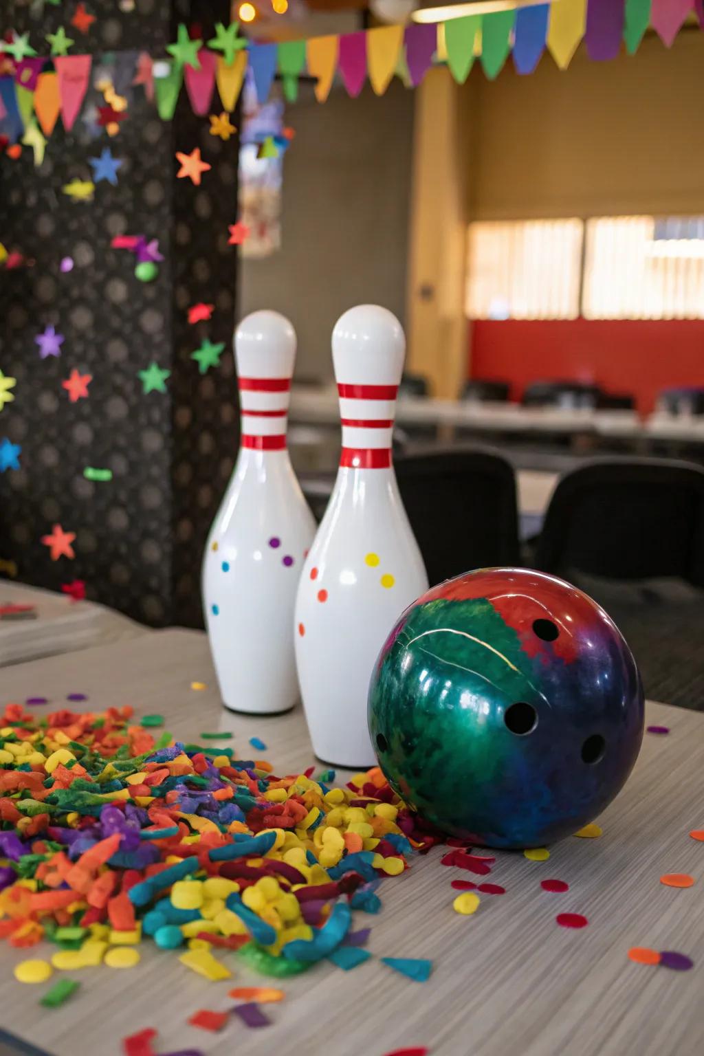 Celebratory confetti infuses jubilation into your bowling-themed centerpiece.