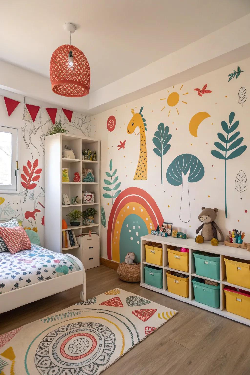 Removable wall stickers allow for dynamic visuals and easy updates.