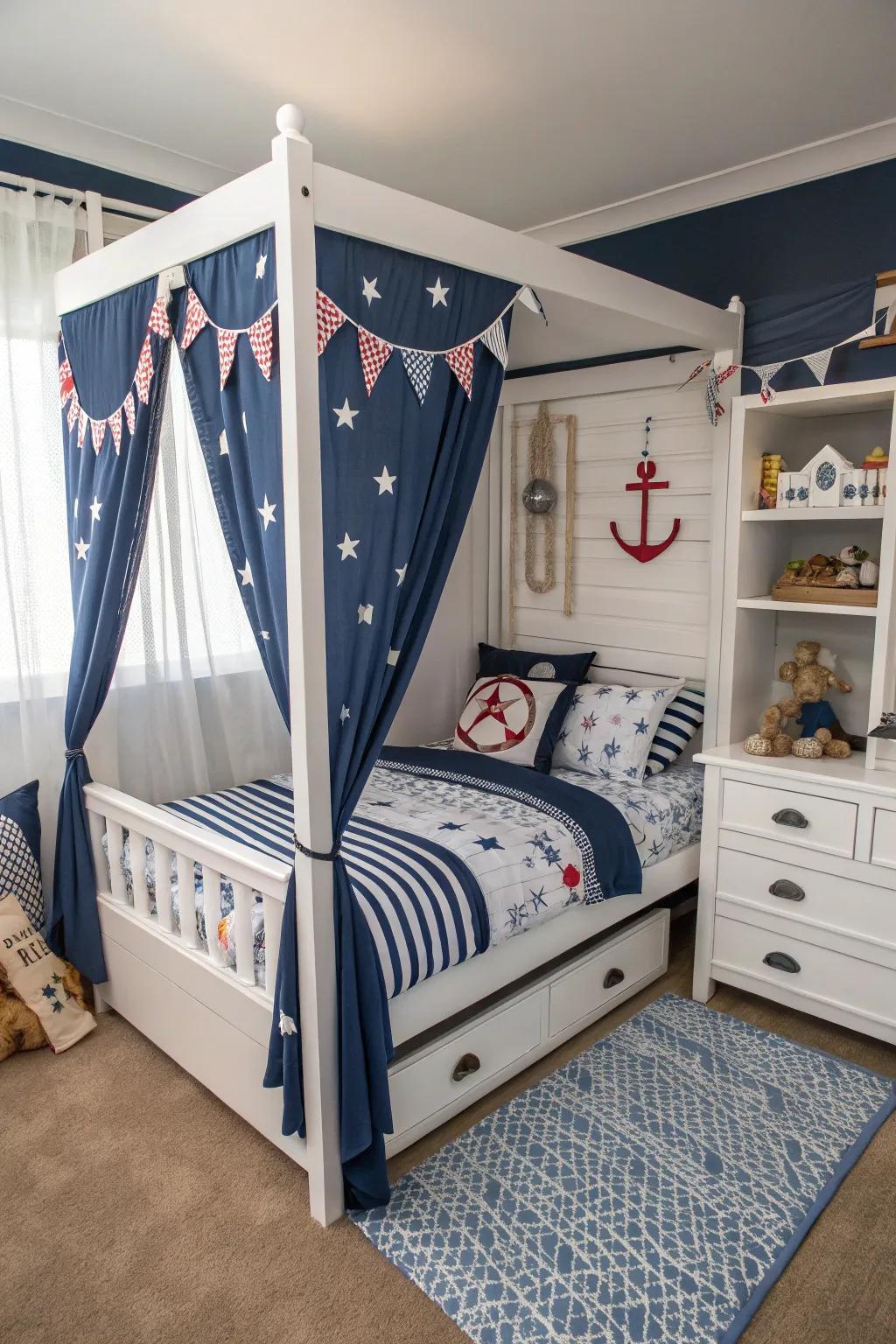 Sail into sweet dreams using this marine-themed canopy bed.