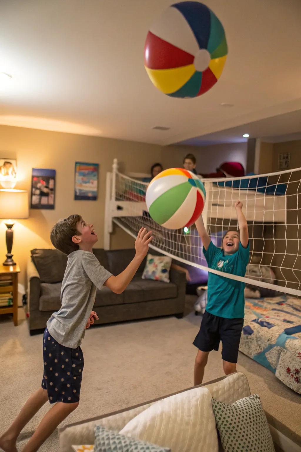 Balloon volleyball is a fun and energetic sleepover activity.