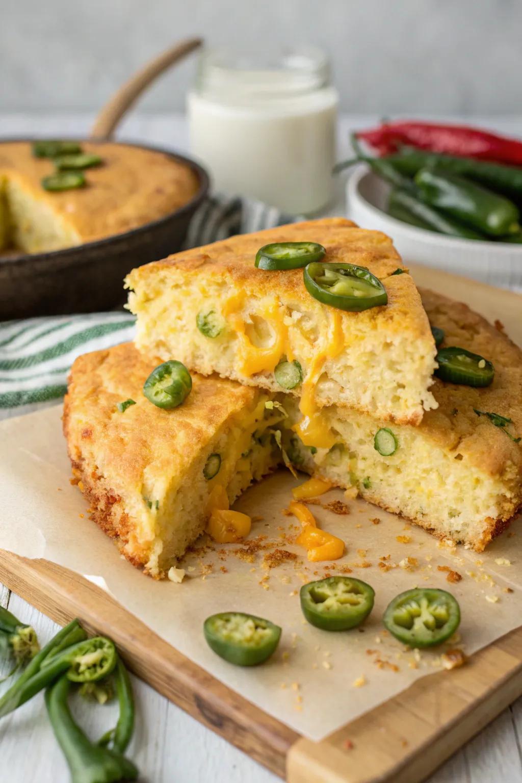 Cheesy jalapeño cornbread, balancing spice and creaminess for a delightful experience.