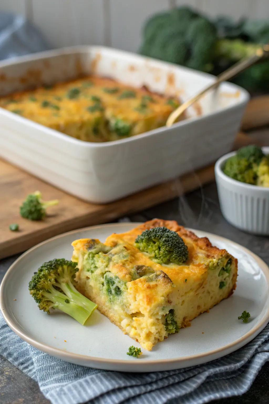 A cheesy broccoli casserole, perfect for a family breakfast.