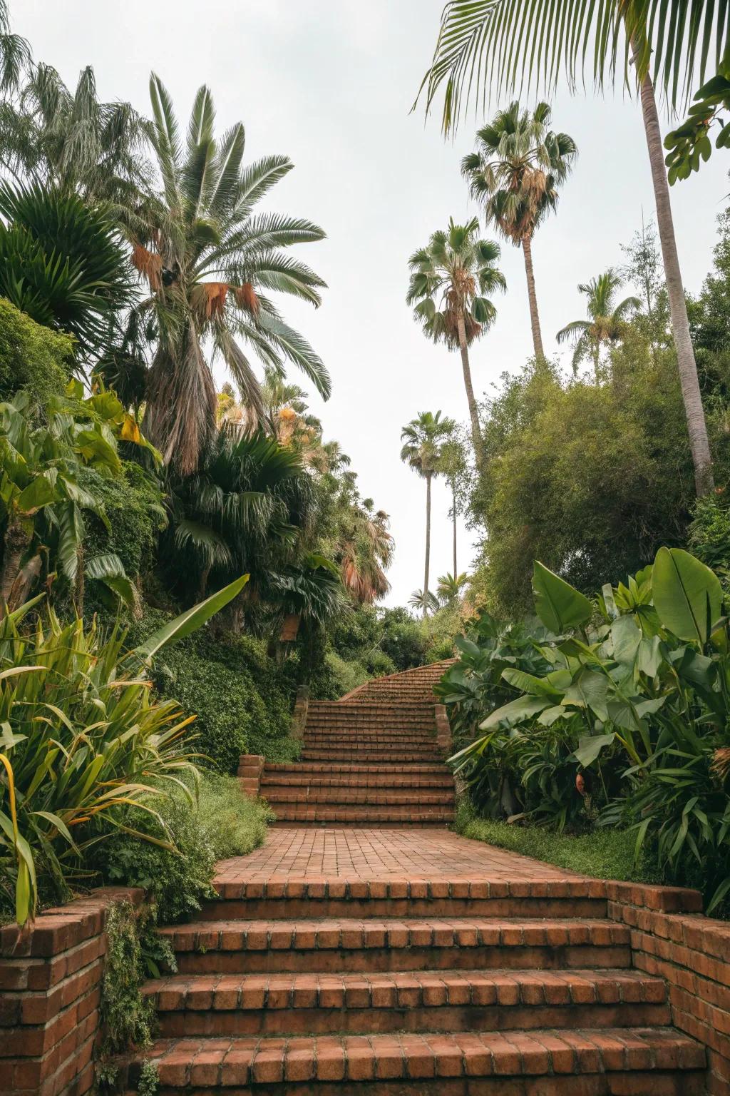 Tropical-inspired brick steps crafting a backyard retreat.