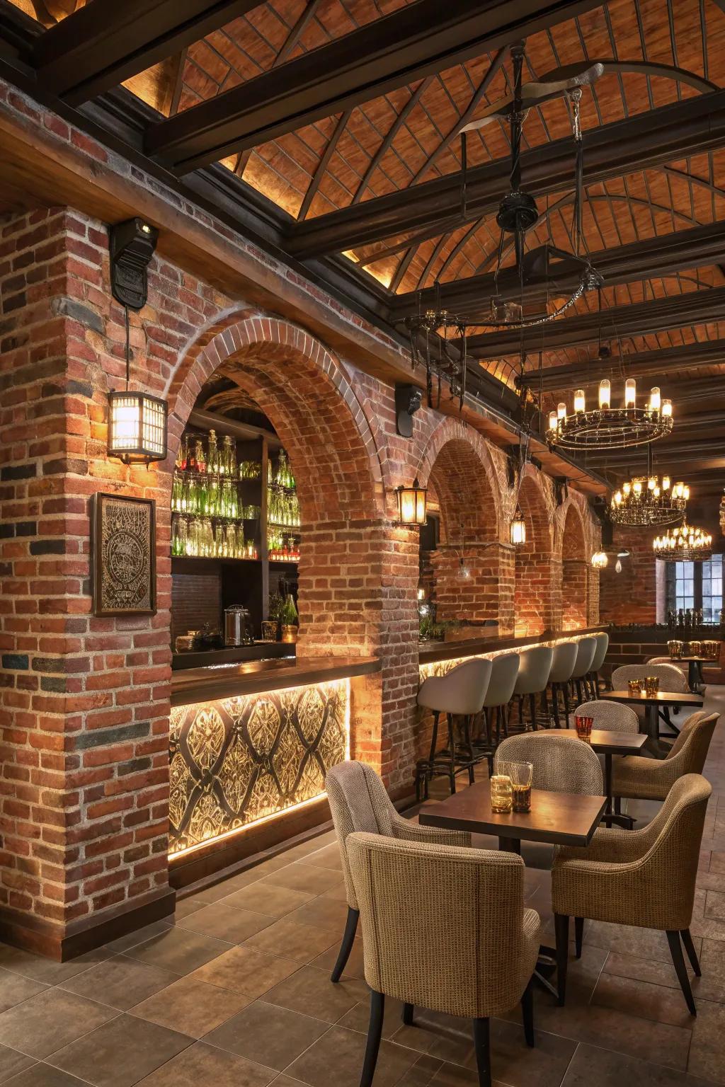 Architectural touches enrich the refinement of a brick wall bar.