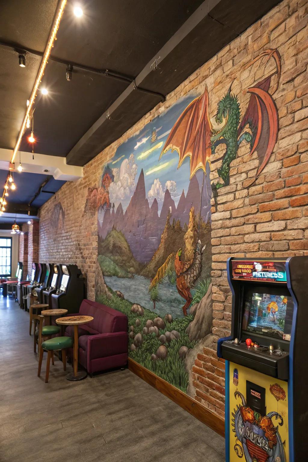 A fantasy mural transports a brick wall to another world.