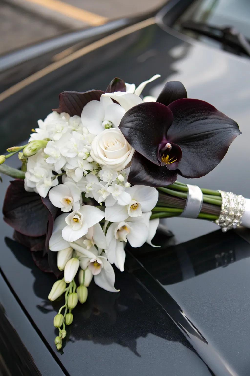 An edgy and modern bouquet with striking black and white contrasts.