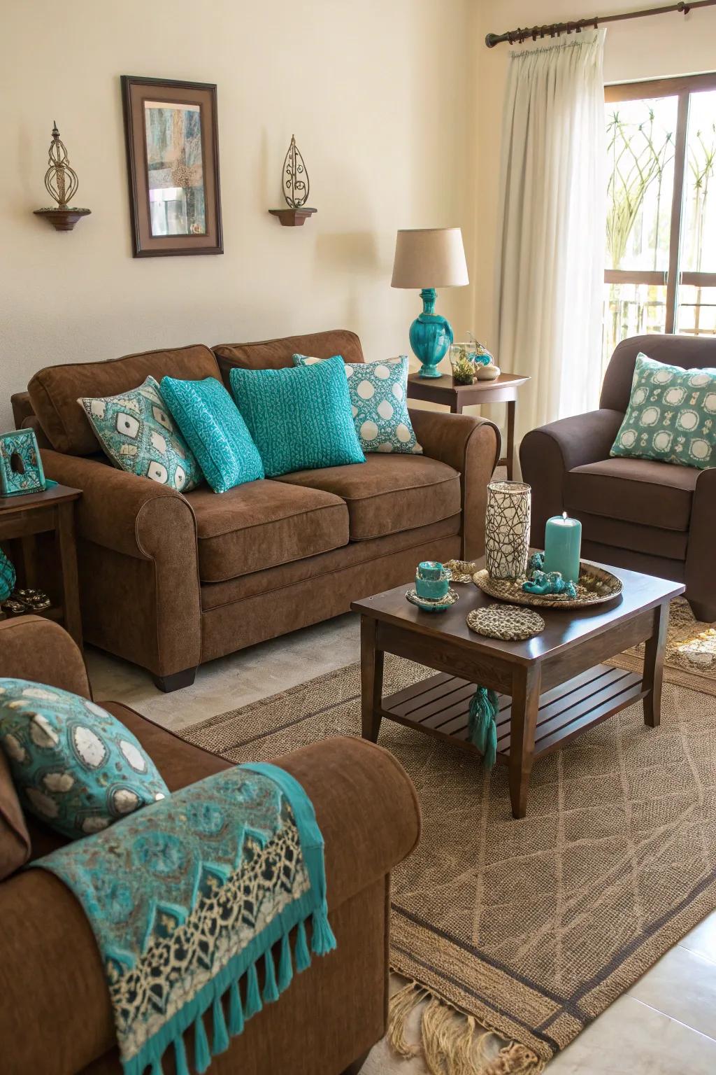 Vibrant highlights like turquoise heighten a lively highlight to cocoa design.