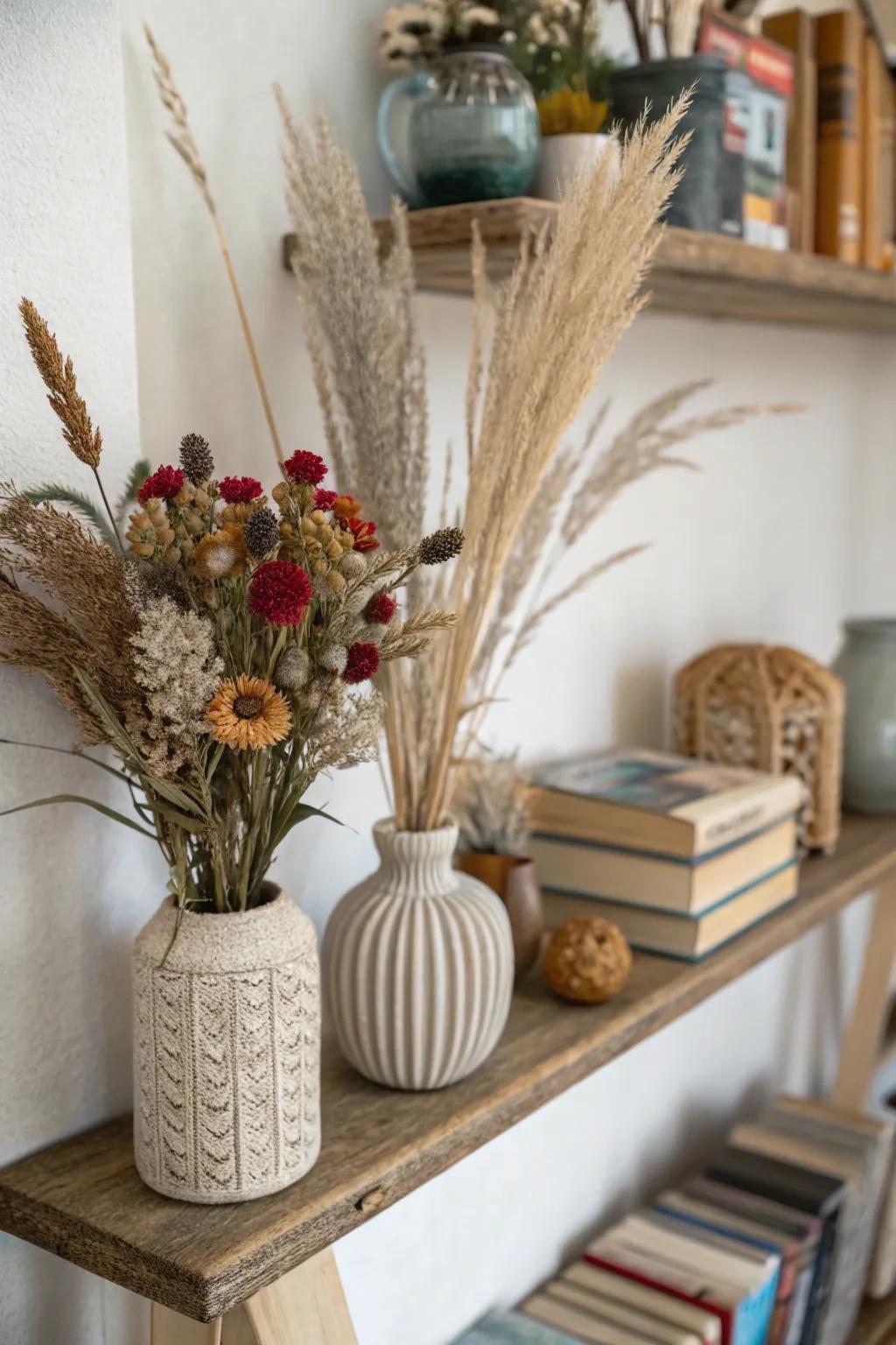 Introduce a boho vibe with desiccated flowers and feathery reeds.