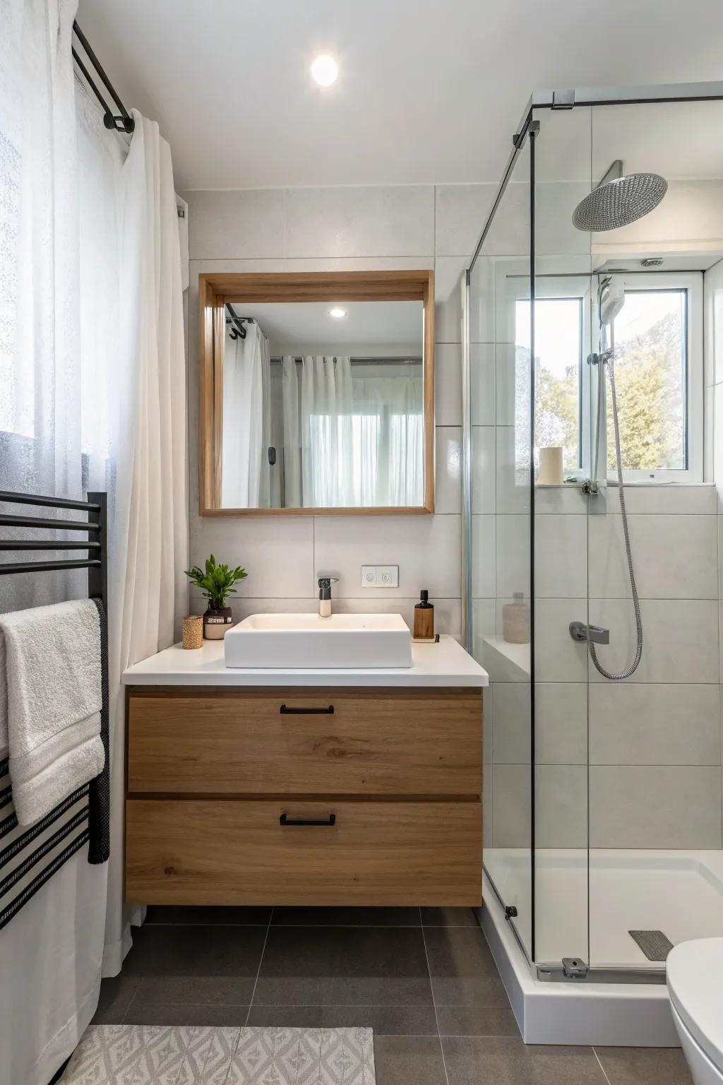 A floating vanity adds modern appeal to this small bathroom.