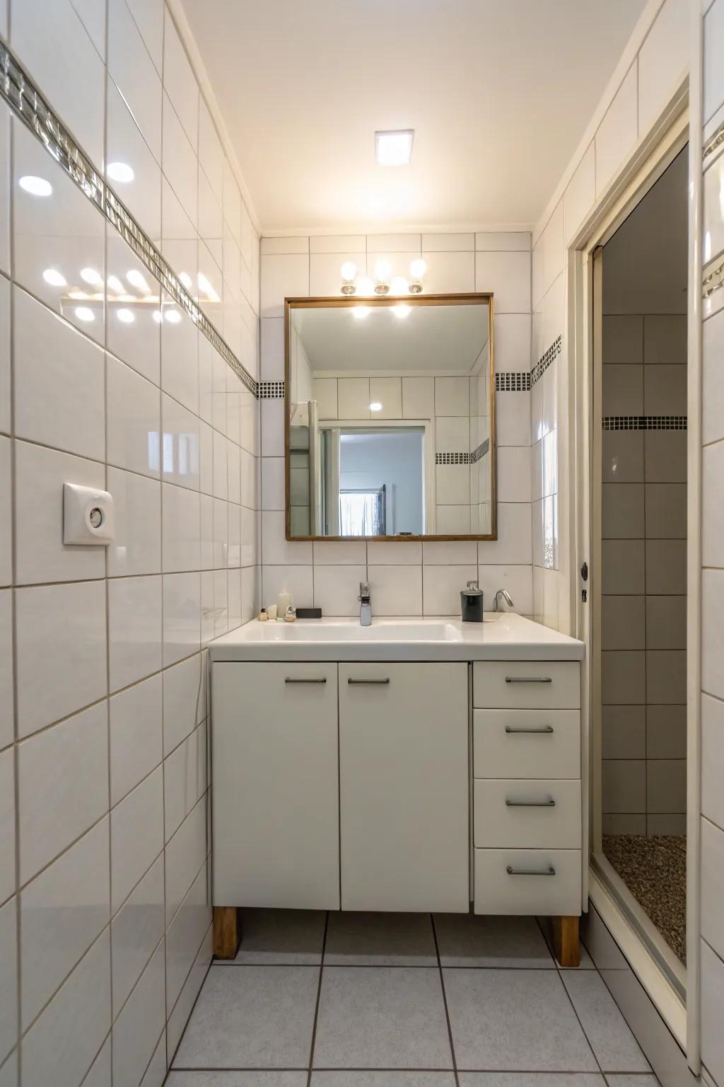 Mirrored cabinets enhance light and add storage.