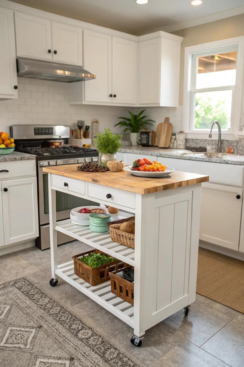 A portable island introduces flexibility and workspace in a small kitchen.